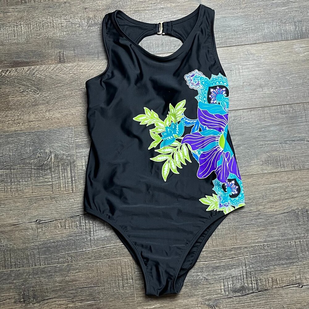 Catalina Black Floral One Piece Swim Suit ((size Small 4-6))